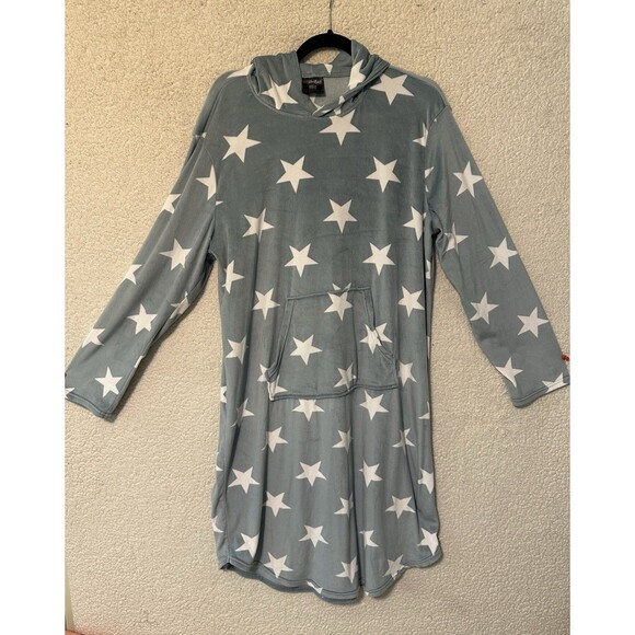 32 Degrees Heat Velour Sleepwear Sweater Dress Hooded Size L/XL Light Blue Stars - Picture 1 of 12
